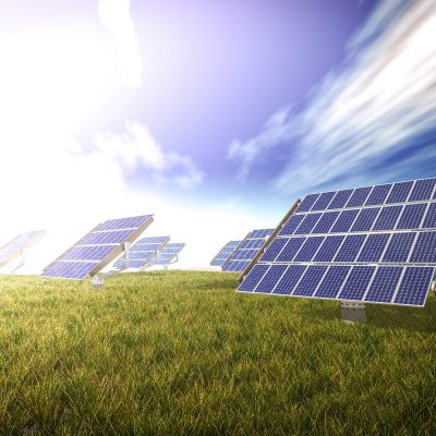 solar cells system on the green world 3d rendering